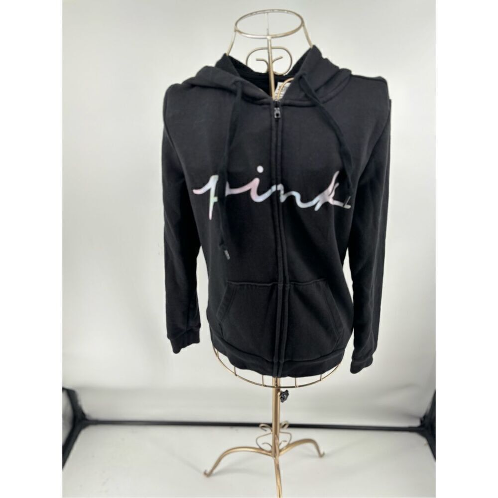 Victoria’s Secret PINK Womens XS Black White Script Logo Soft Hoody Sweat Shirt